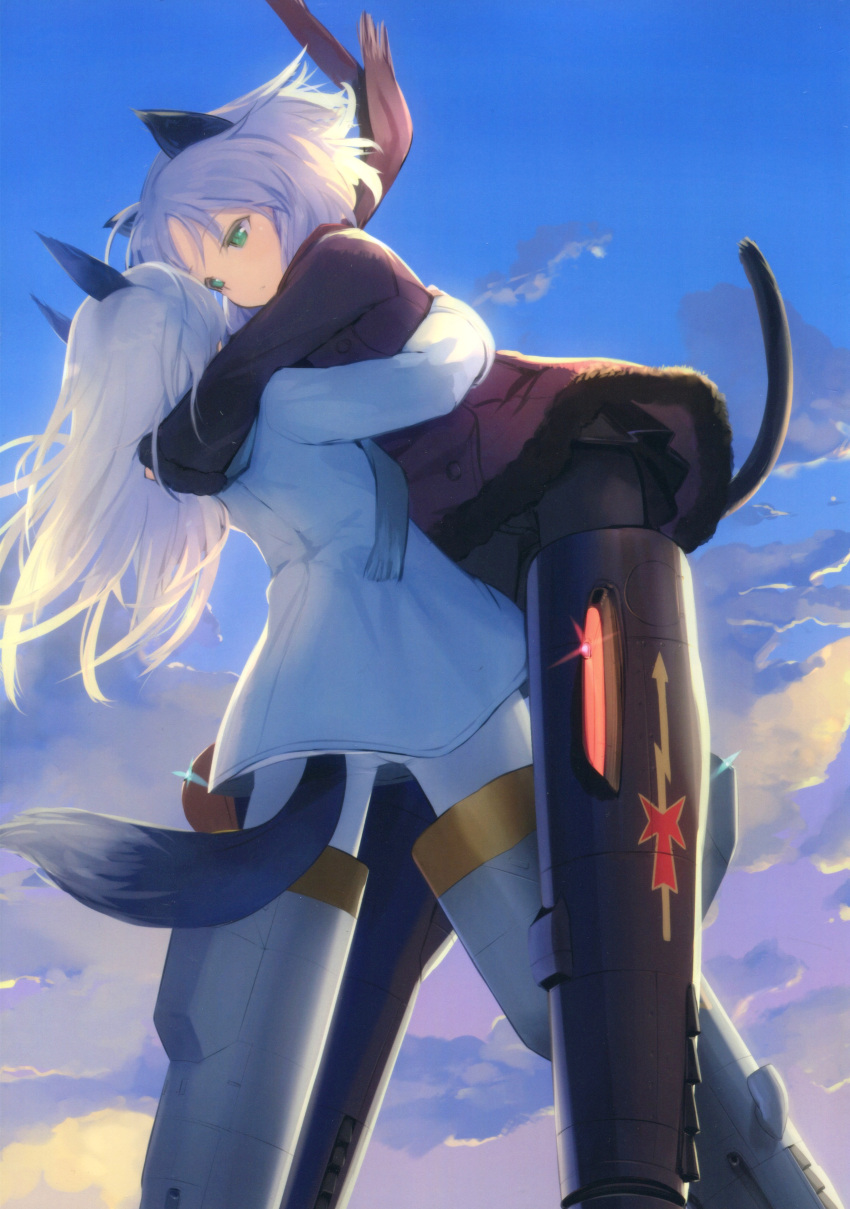 2girls absurdres animal_ears black_legwear black_skirt blue_coat cat_ears cat_tail character_name clouds coat day eila_ilmatar_juutilainen fox_ears fox_tail glint green_eyes highres hug long_hair long_sleeves maroon_scarf miniskirt multiple_girls mutual_hug number official_art outdoors page_number pantyhose pleated_skirt red_coat sanya_v_litvyak scan scarf shimada_fumikane short_hair silhouette silver_hair skirt sky sparkle strike_witches striker_unit sunset tail white_legwear world_witches_series