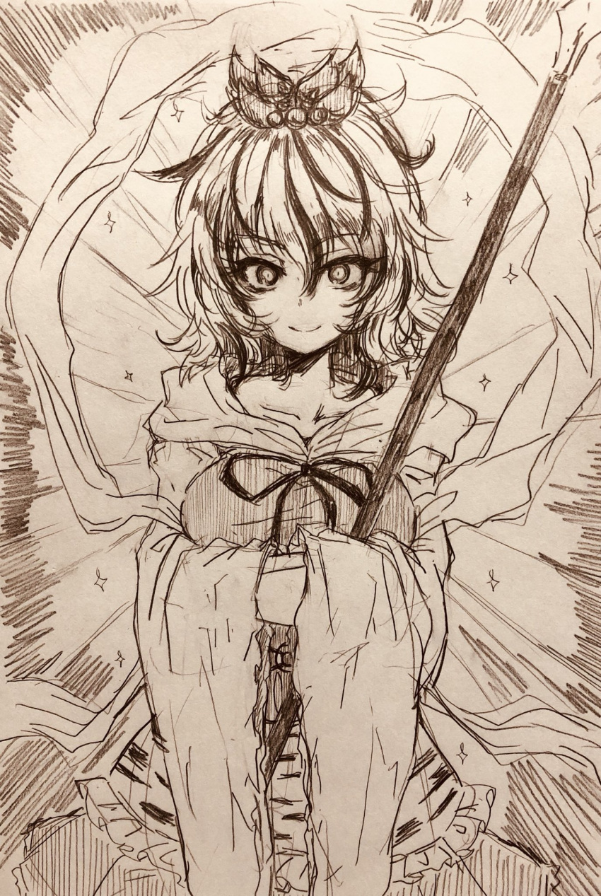 1girl apron bangs bishamonten's_spear bow bowtie breasts closed_mouth collarbone commentary_request cowboy_shot dress efukei eyebrows_visible_through_hair frilled_apron frills glowing graphite_(medium) greyscale hair_between_eyes hands_in_sleeves highres holding holding_weapon large_breasts long_sleeves looking_at_viewer messy_hair monochrome polearm short_hair smile solo spear star toramaru_shou touhou traditional_media veil waist_apron weapon wide_sleeves