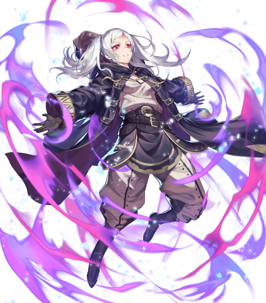 1girl aura bangs boots brown_footwear buttons cozy dark_aura detached_sleeves female_my_unit_(fire_emblem:_kakusei) fire_emblem fire_emblem:_kakusei fire_emblem_heroes full_body gimurei gloves glowing glowing_eye highres hood knee_boots long_coat long_sleeves multiple_belts my_unit_(fire_emblem:_kakusei) official_art pants parted_bangs parted_lips red_eyes silver_hair solo transparent_background twintails