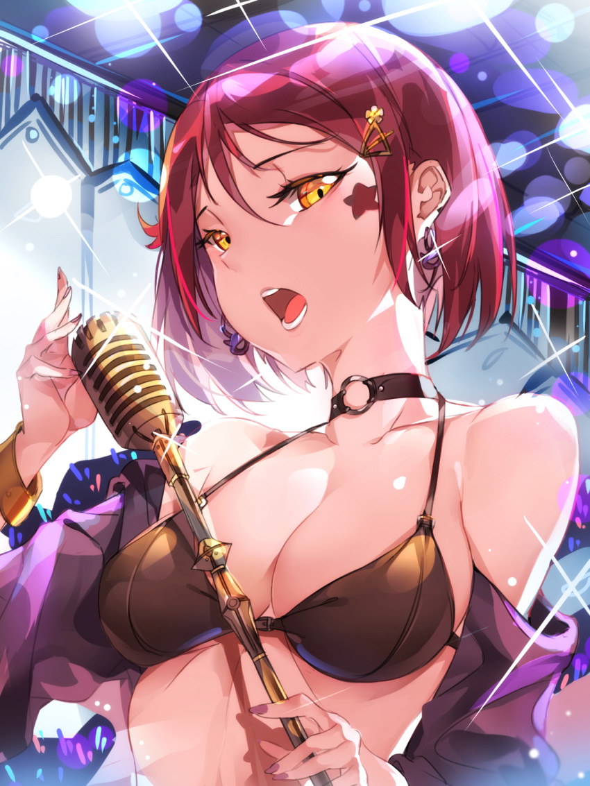 1girl alternate_hair_length alternate_hairstyle bikini_top highres love_live! love_live!_sunshine!! microphone o-ring_choker redhead sakurauchi_riko short_hair solo tem10 upper_body yellow_eyes