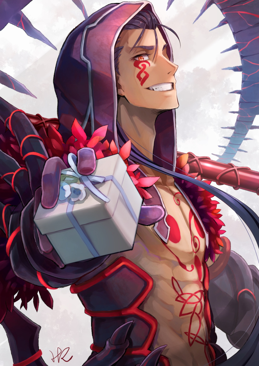 1boy abs blue_hair commentary_request cu_chulainn_alter_(fate/grand_order) facial_tattoo fate/grand_order fate_(series) from_side gae_bolg gift gloves grin highres holding holding_gift holding_weapon hoshizaki_reita lance long_hair looking_at_viewer looking_to_the_side male_focus polearm purple_gloves red_eyes sharp_teeth signature slit_pupils smile solo tail tattoo teeth upper_body weapon