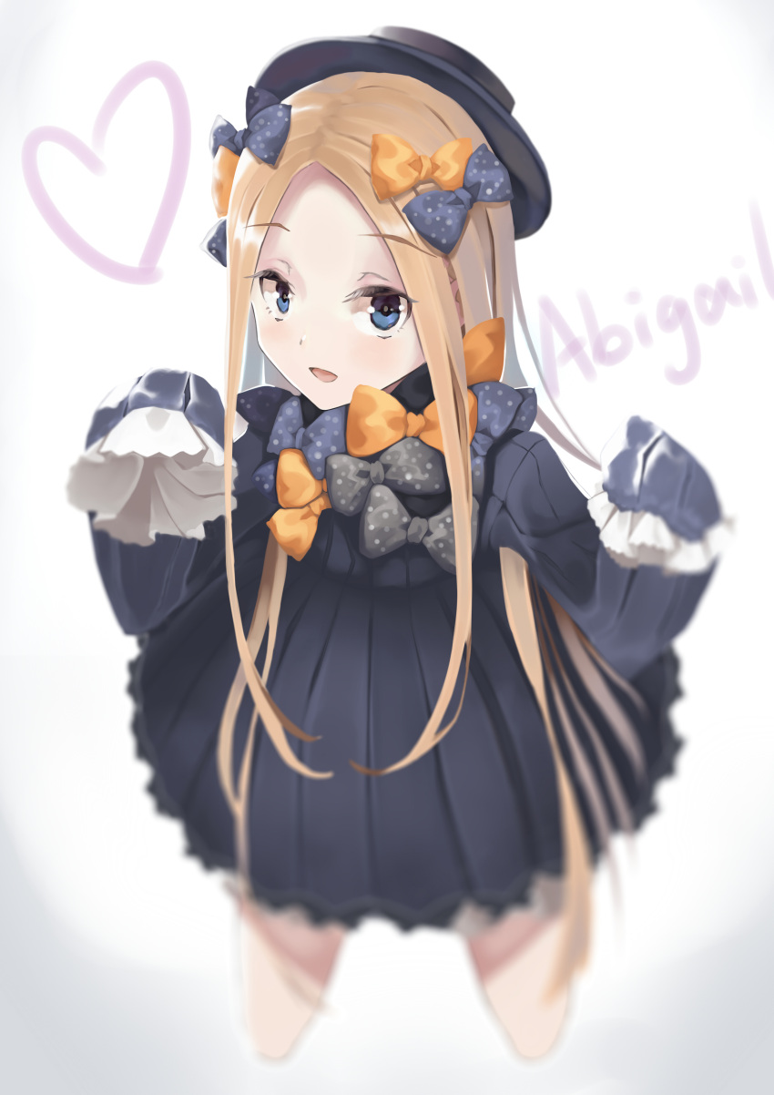 1girl abigail_williams_(fate/grand_order) absurdres black_dress black_hat blonde_hair blue_eyes bow dress fate/grand_order fate_(series) hair_bow hat heart highres long_hair long_sleeves looking_at_viewer open_mouth orange_bow polka_dot polka_dot_bow sleeves_past_wrists solo very_long_hair yonago_miko