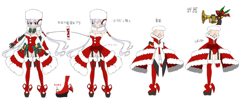 1girl artist_request bare_shoulders boots breasts character_sheet christmas cleavage from_behind full_body fur_trim garter_straps hair_between_eyes headgear highres instrument large_breasts leotard long_hair looking_at_viewer platform_boots purple_hair red_footwear senki_zesshou_symphogear senki_zesshou_symphogear_xd_unlimited simple_background smile solo thigh-highs thigh_boots translation_request trumpet very_long_hair white_background yukine_chris