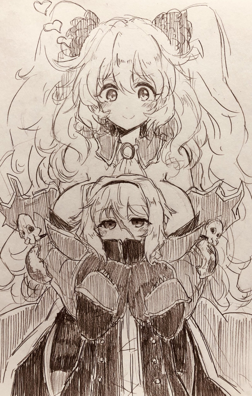 2girls anne_bonny_(fate/grand_order) ascot blush breasts brooch buttons character_request coat commentary_request copyright_request detached_collar detached_sleeves efukei eyebrows_visible_through_hair fate/grand_order fate_(series) graphite_(medium) greyscale hair_between_eyes hairband heart high_collar highres jewelry large_breasts long_sleeves mary_read_(fate/grand_order) messy_hair monochrome multiple_girls scrunchie short_hair smile traditional_media twintails