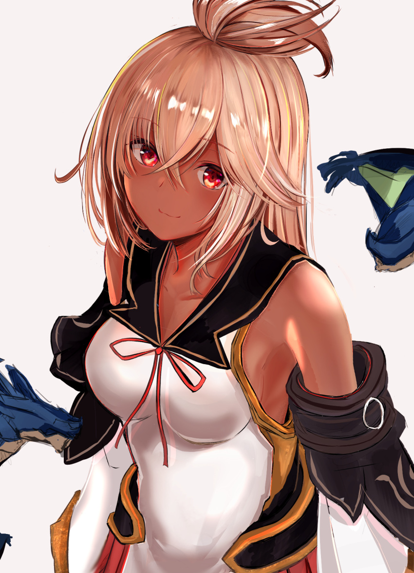 1girl ahoge bare_shoulders breasts dark_skin dragon dutch_angle eyebrows_visible_through_hair granblue_fantasy hair_between_eyes highres long_hair looking_at_viewer medium_breasts red_eyes ria_(riarea00) sailor_collar shirt smile solo tareme the_order_grande white_background white_hair white_shirt