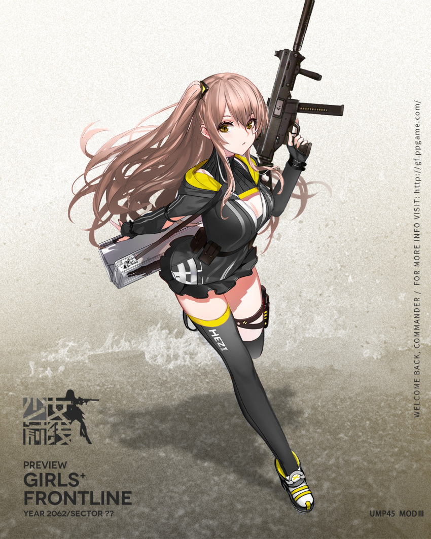 1girl alternate_costume breasts brown_hair character_name cleavage commentary commentary_request fingerless_gloves full_body girls_frontline gloves gun gun_case h&amp;k_ump heckler_&amp;_koch highres long_hair looking_at_viewer parted_lips qieye side_ponytail submachine_gun suppressor thigh-highs thigh_strap turtleneck ump45_(girls_frontline) weapon yellow_eyes