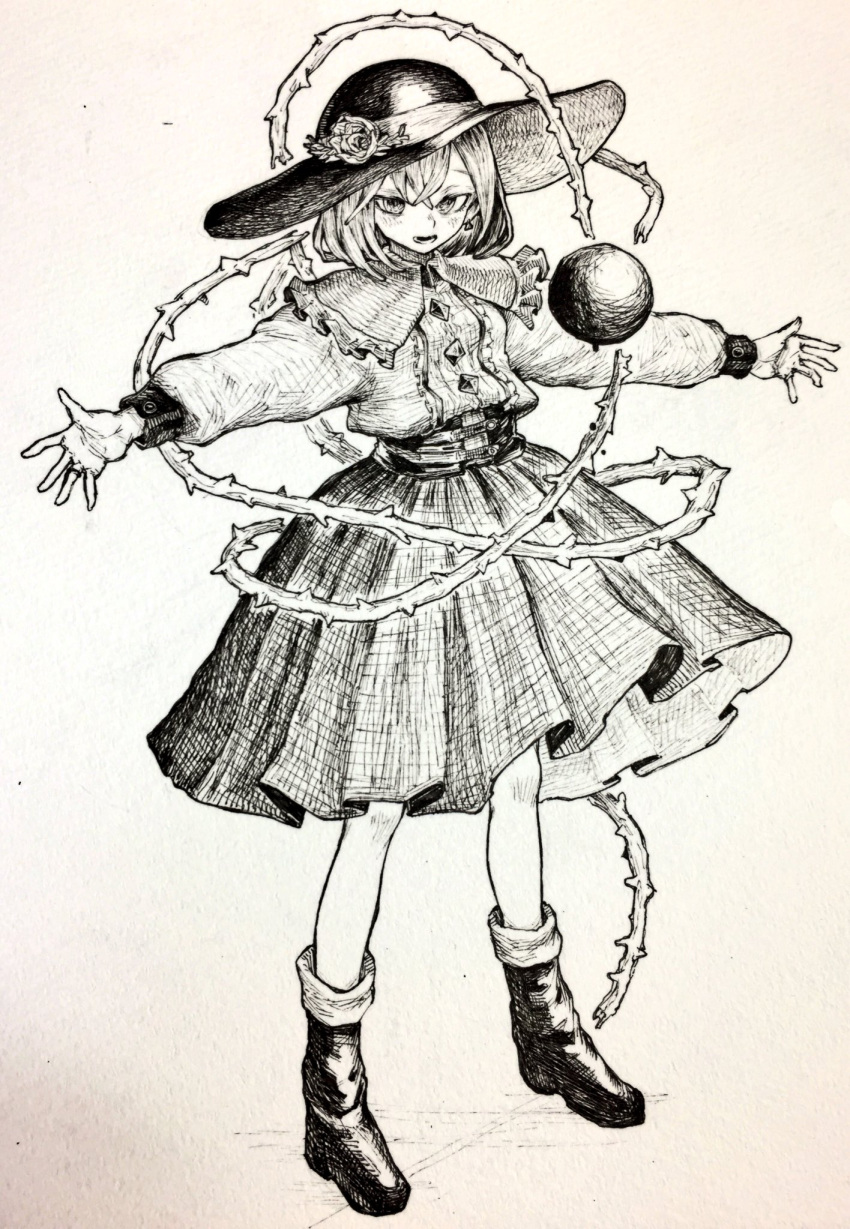 1girl adapted_costume belt boots capelet flower full_body greyscale hair_between_eyes hat hat_flower highres jewelry komeiji_koishi long_sleeves looking_at_viewer mashimashi monochrome outstretched_arms parted_lips ring rose scan shirt skirt solo standing third_eye thorns touhou traditional_media