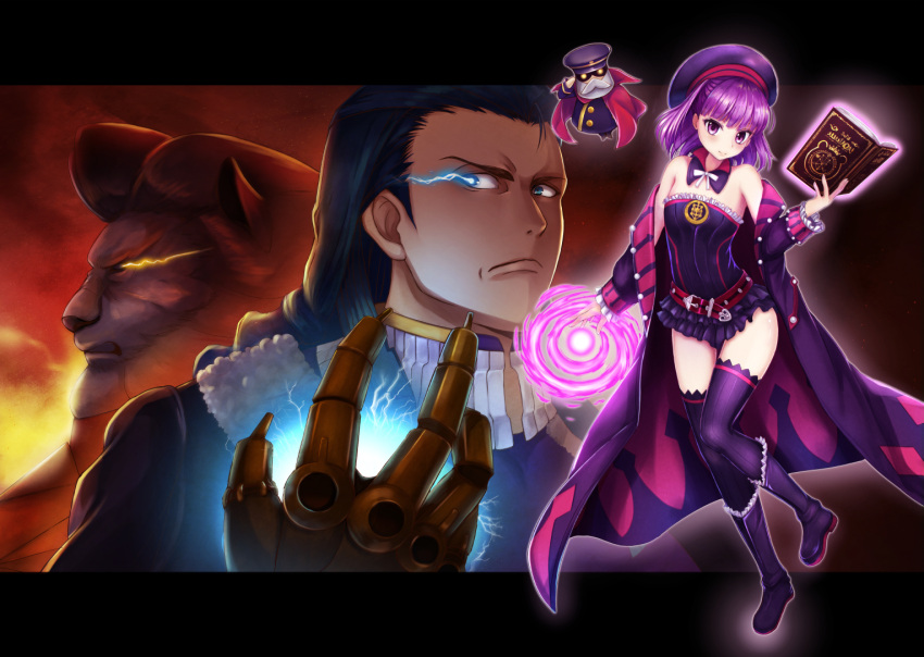 1girl 2boys artist_request bare_shoulders belt black_hair black_hat black_legwear black_panties blue_eyes breasts colonel_olcott_(fate/grand_order) commentary_request detached_collar dress electricity fate/grand_order fate_(series) full_body gradient_hair hat helena_blavatsky_(fate/grand_order) jacket lightning lion looking_at_viewer multicolored_hair multiple_boys nikola_tesla_(fate/grand_order) open_mouth panties purple_hair short_hair small_breasts strapless strapless_dress thigh-highs thomas_edison_(fate/grand_order) tree_of_life underwear violet_eyes