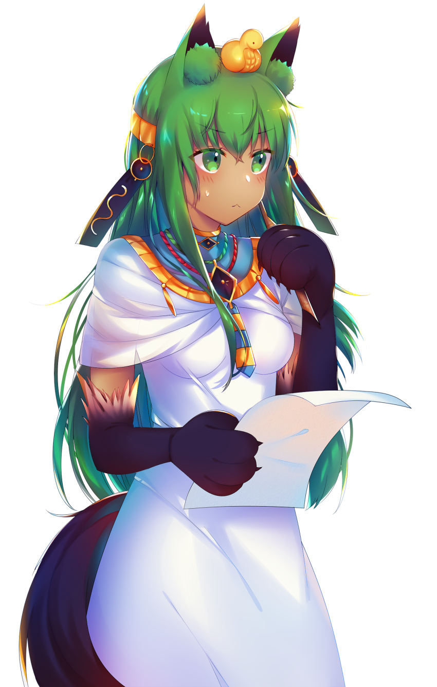 1girl :&lt; animal_ears anubis_(monster_girl_encyclopedia) blush commentary_request commission dark_skin egyptian_clothes eyebrows_visible_through_hair eyes_visible_through_hair green_eyes green_hair hair_ornament highres holding holding_paper jackal_ears jackal_tail jewelry long_hair looking_away monster_girl monster_girl_encyclopedia paper paws robe snake_hair_ornament solo sweatdrop tail transparent_background very_long_hair white_robe xionfes