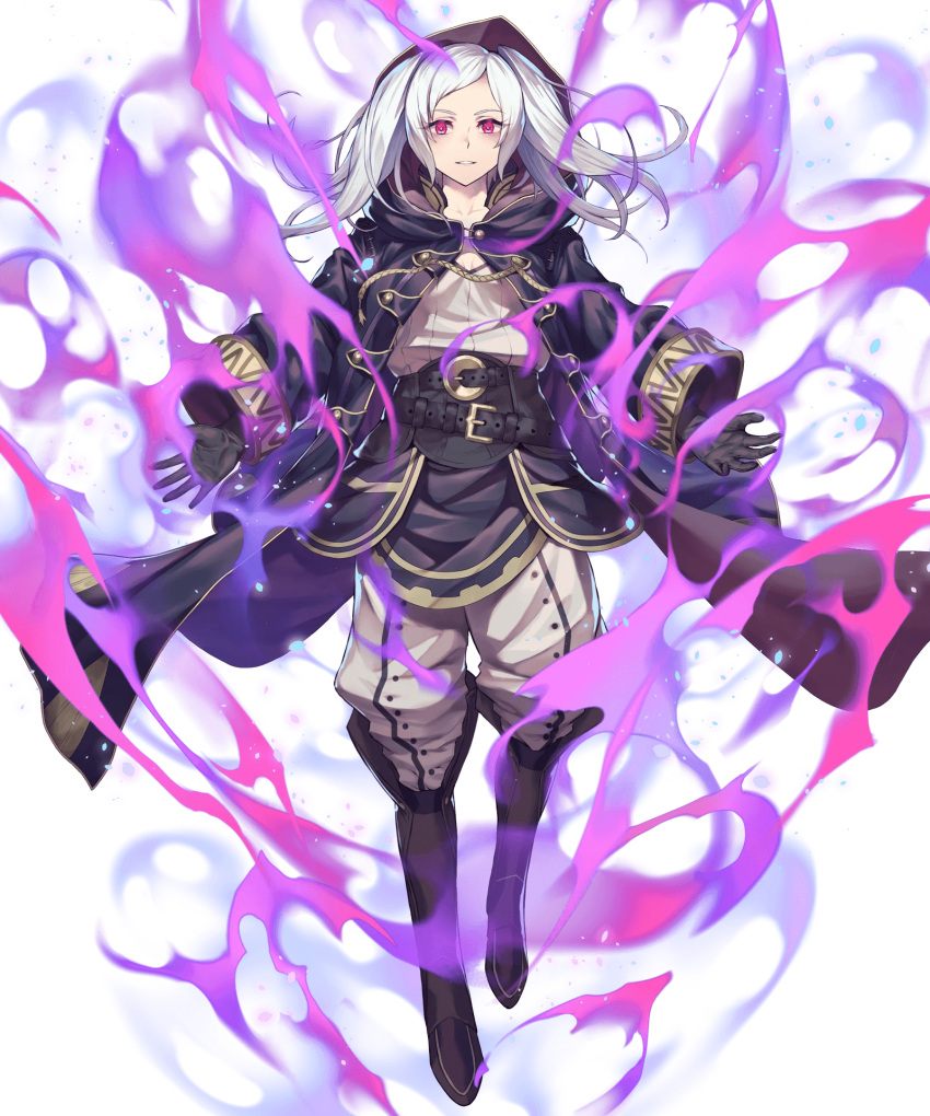 1girl aura bangs belt boots brown_footwear buttons cozy dark_aura detached_sleeves female_my_unit_(fire_emblem:_kakusei) fire_emblem fire_emblem:_kakusei fire_emblem_heroes full_body gimurei glowing glowing_eyes highres hood knee_boots long_coat long_hair long_sleeves looking_at_viewer multiple_belts my_unit_(fire_emblem:_kakusei) official_art pants parted_bangs parted_lips red_eyes silver_hair smile solo transparent_background twintails