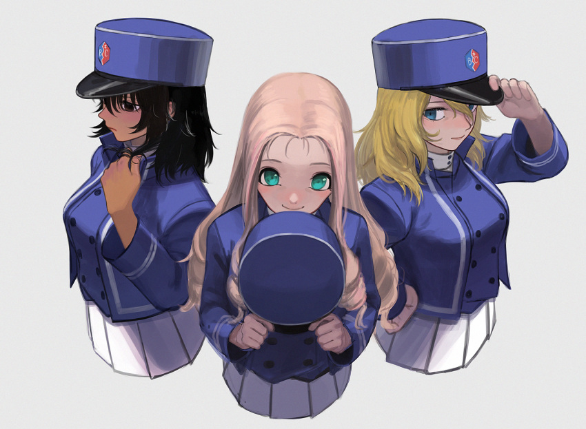 3girls adjusting_clothes adjusting_hat andou_(girls_und_panzer) bangs bc_freedom_(emblem) bc_freedom_military_uniform black_hair blue_eyes blue_hat blue_jacket blue_vest brown_eyes closed_mouth cowboy_shot cropped_torso dark_skin dress_shirt drill_hair emblem girls_und_panzer green_eyes grey_background hand_in_hair hand_on_hip hat hat_removed headwear_removed high_collar holding holding_hat jacket long_hair long_sleeves looking_at_viewer marie_(girls_und_panzer) medium_hair military military_hat military_uniform multiple_girls oshida_(girls_und_panzer) pleated_skirt shako_cap shirt side-by-side simple_background skirt smile standing uniform vest white_shirt white_skirt yue_(tada_no_saboten)
