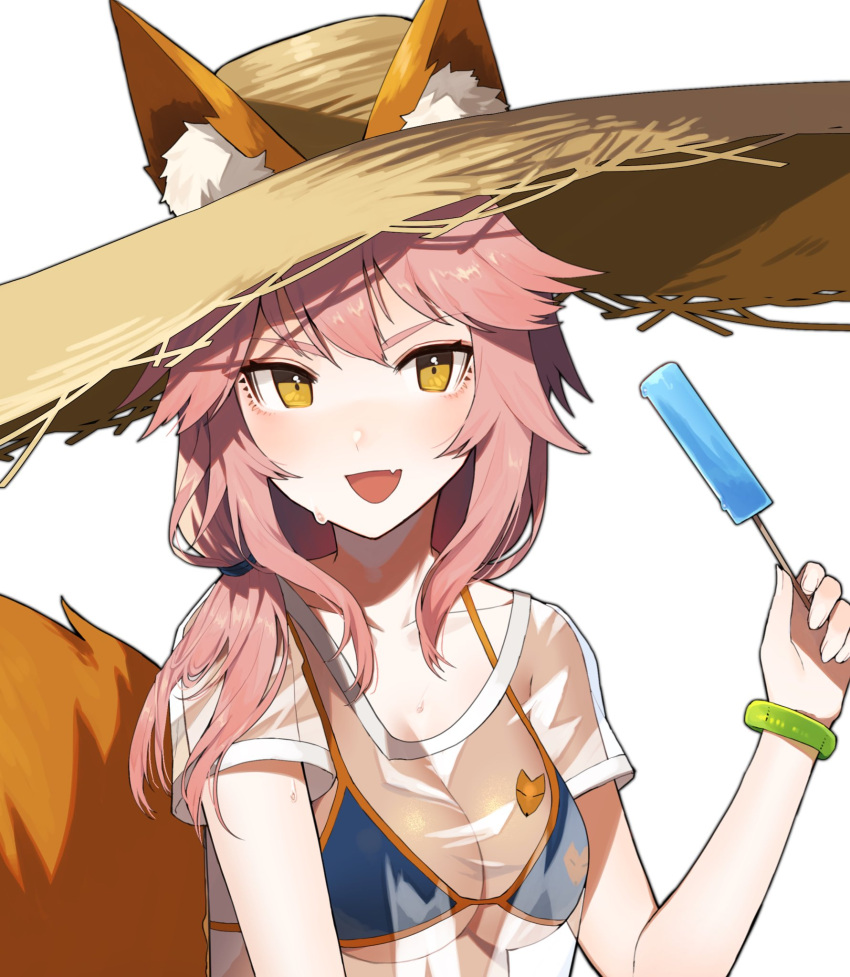 :d animal_ears bent_elbow bikini_top blue_bikini_top bracelet breasts collarbone commentary_request ears_through_headwear eyebrows_visible_through_hair fang fate/grand_order fate_(series) food fox_ears fox_print fox_tail hat highres holding holding_food jewelry large_breasts looking_at_viewer open_mouth pink_hair popsicle see-through shiba_inu_(happy13227) shirt side_ponytail simple_background smile solo straw_hat sweat t-shirt tail tamamo_(fate)_(all) tamamo_no_mae_(swimsuit_lancer)_(fate) thick_eyebrows tsurime upper_body white_background yellow_eyes