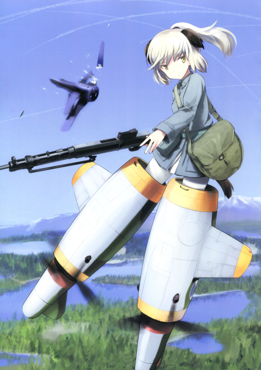 1girl absurdres animal_ears bag blonde_hair gun highres laura_nissinen military military_uniform official_art pantyhose ponytail scan shimada_fumikane solo striker_unit tail uniform weapon white_legwear world_witches_series yellow_eyes