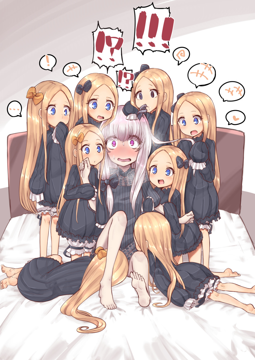 6+girls abigail_williams_(fate/grand_order) absurdres arm_hug barefoot bed blonde_hair blush bow clone dress fate/grand_order fate_(series) hair_bow harem highres horn lavinia_whateley_(fate/grand_order) licking looking_at_viewer makano_mucchi multiple_girls saliva silver_hair