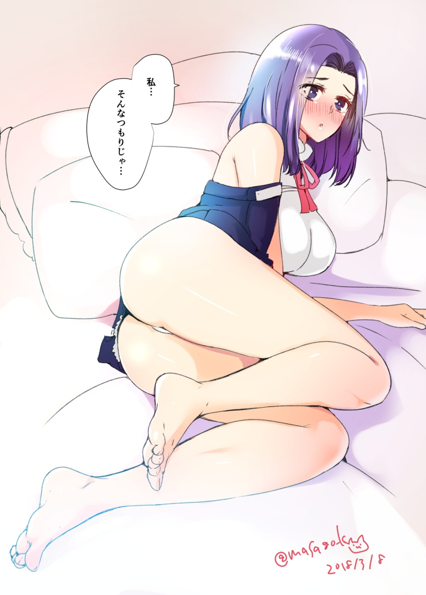 1girl :o ass bare_shoulders barefoot bed blush breasts dated eyebrows_visible_through_hair feet full_body highres kantai_collection large_breasts looking_at_viewer lying masago_(rm-rf) on_bed on_side panties pillow purple_hair short_hair sketch tatsuta_(kantai_collection) translation_request twitter_username underwear violet_eyes white_panties