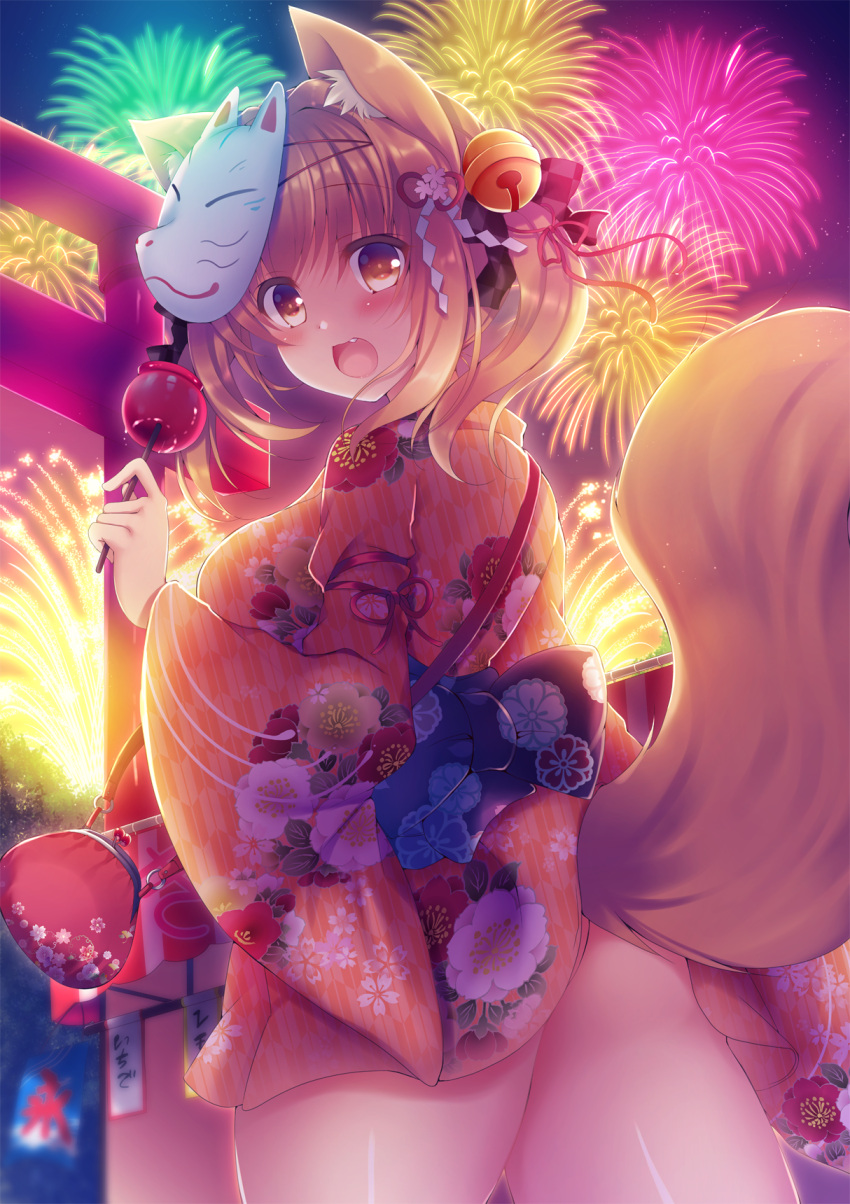 1girl :d animal_ears ass bag bell blush breasts brown_eyes brown_hair candy_apple commentary_request fang fireworks floral_print food fox_ears fox_mask fox_tail from_behind hair_bell hair_ornament handbag highres holding holding_food japanese_clothes jingle_bell kimono large_breasts long_sleeves looking_at_viewer mask mask_on_head night night_sky open_mouth orange_kimono original outdoors sky smile solo standing summer_festival suzune_rena tail torii watermark