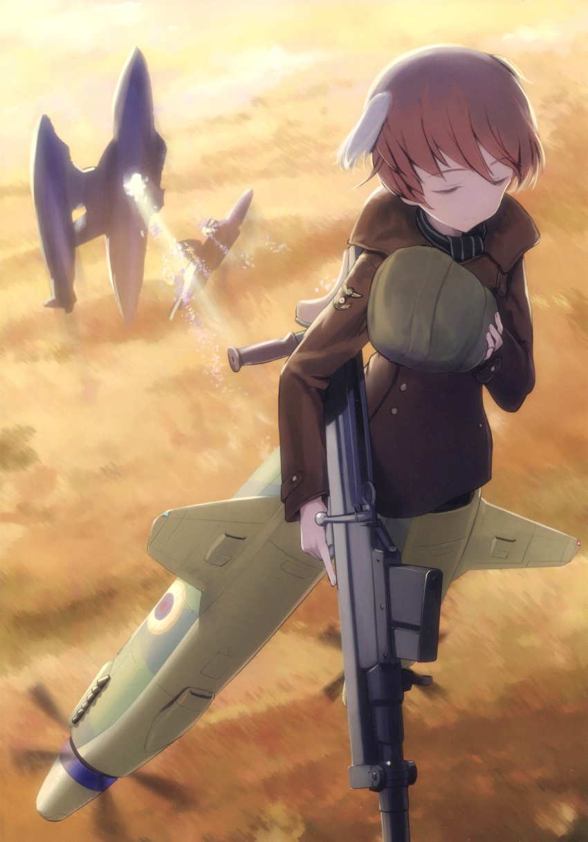 1girl absurdres animal_ears closed_eyes gun hat highres isabelle_du_monceau_de_bergendal jacket military military_uniform neuroi noble_witches official_art orange_hair scan shimada_fumikane short_hair striker_unit uniform weapon world_witches_series