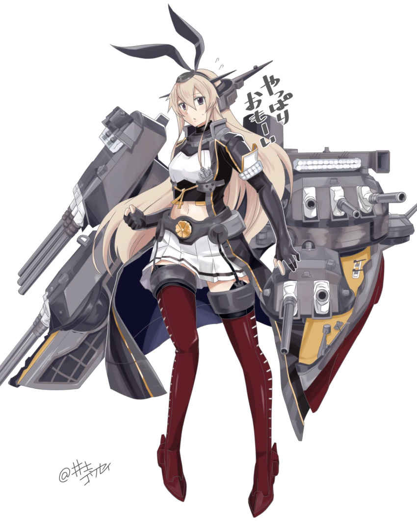 1girl animal_ears black_eyes black_gloves blonde_hair cannon commentary_request cosplay elbow_gloves fake_animal_ears fingerless_gloves full_body gloves hairband headgear highres inoue_kousei kantai_collection long_hair machinery miniskirt nagato_(kantai_collection) nagato_(kantai_collection)_(cosplay) pleated_skirt rabbit_ears red_legwear remodel_(kantai_collection) shimakaze_(kantai_collection) simple_background skirt solo standing thigh-highs turret white_background