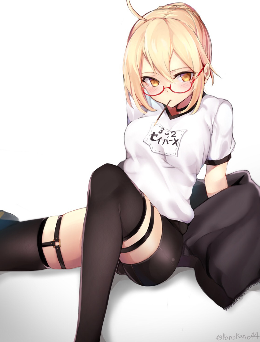 1girl ahoge artoria_pendragon_(all) bangs bike_shorts black_jacket black_legwear black_shorts blush braid breasts eyebrows_visible_through_hair fate/grand_order fate_(series) food french_braid glasses gym_shirt hair_between_eyes hair_bun highres jacket kano_(kanokano44) knee_up looking_to_the_side medium_breasts mouth_hold mysterious_heroine_x_(alter) name_tag off_shoulder open_clothes open_jacket pocky red-framed_eyewear semi-rimless_eyewear shirt shorts simple_background sitting solo t-shirt thigh-highs thighs under-rim_eyewear white_background white_shirt yellow_eyes