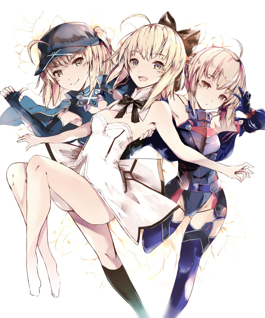 3girls :d ahoge armpits artoria_pendragon_(all) artoria_pendragon_(lancer) bangs bare_arms bare_legs bare_shoulders barefoot baseball_cap black_bow black_hat black_legwear blonde_hair blue_gloves blue_leotard blush bow braid breasts carnival_phantasm cleavage closed_mouth commentary_request dress elbow_gloves eyebrows_visible_through_hair fate/extella fate/extra fate/grand_order fate/stay_night fate/unlimited_codes fate_(series) fingerless_gloves fingernails gloves green_eyes groin hair_bow hair_through_headwear hat highres leotard medium_breasts multiple_girls mysterious_heroine_x open_mouth rojiura_satsuki:_chapter_heroine_sanctuary saber_lily smile standing standing_on_one_leg strapless strapless_dress thigh-highs thumbs_up venomrobo white_background white_dress yellow_eyes