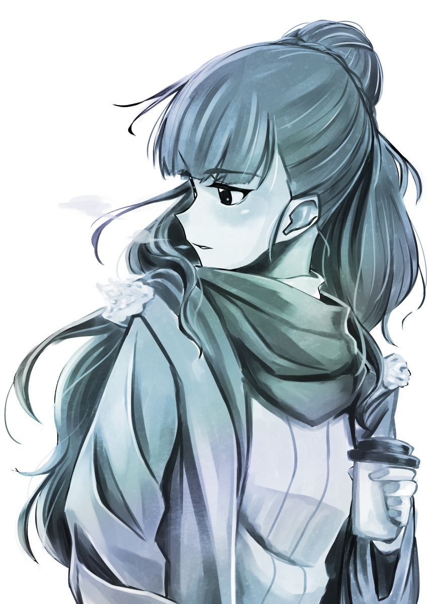 1girl absurdres bangs blunt_bangs blush breath commentary_request cup highres holding holding_cup idolmaster idolmaster_cinderella_girls izuru@doto-lu kamiya_nao long_hair long_sleeves muted_color open_mouth profile scarf solo upper_body white_background