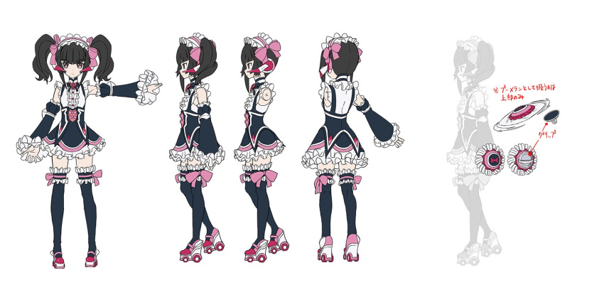 1girl alternate_costume artist_request black_dress black_hair black_legwear black_neckwear black_ribbon bow breasts character_sheet detached_sleeves dress enmaided expressionless frilled_dress frilled_legwear frilled_shirt frilled_sleeves frills headphones highres maid maid_headdress multiple_views neck_ribbon official_art pigeon-toed pink_bow pink_eyes pink_footwear pink_ribbon platform_footwear ribbon ribbon-trimmed_legwear ribbon_trim roller_skates senki_zesshou_symphogear senki_zesshou_symphogear_xd_unlimited shirt simple_background skates small_breasts symphogear_pendant thigh-highs translation_request tsukuyomi_shirabe twintails underbust weapon_request white_background white_frills white_shirt