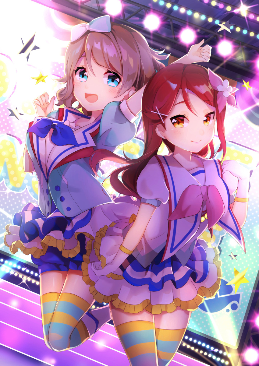 2girls absurdres aozora_jumping_heart arm_up blue_eyes blue_neckwear blush bow clenched_hands commentary_request frilled_skirt frills gloves goroo_(eneosu) grey_hair hair_bow hair_ornament hand_on_own_shoulder hand_up highres jumping long_hair looking_at_viewer love_live! love_live!_sunshine!! multiple_girls neckerchief pink_neckwear redhead sailor_collar sakurauchi_riko screen short_hair shorts_under_skirt skirt smile stage stage_lights striped striped_legwear thigh-highs watanabe_you x_hair_ornament yellow_eyes