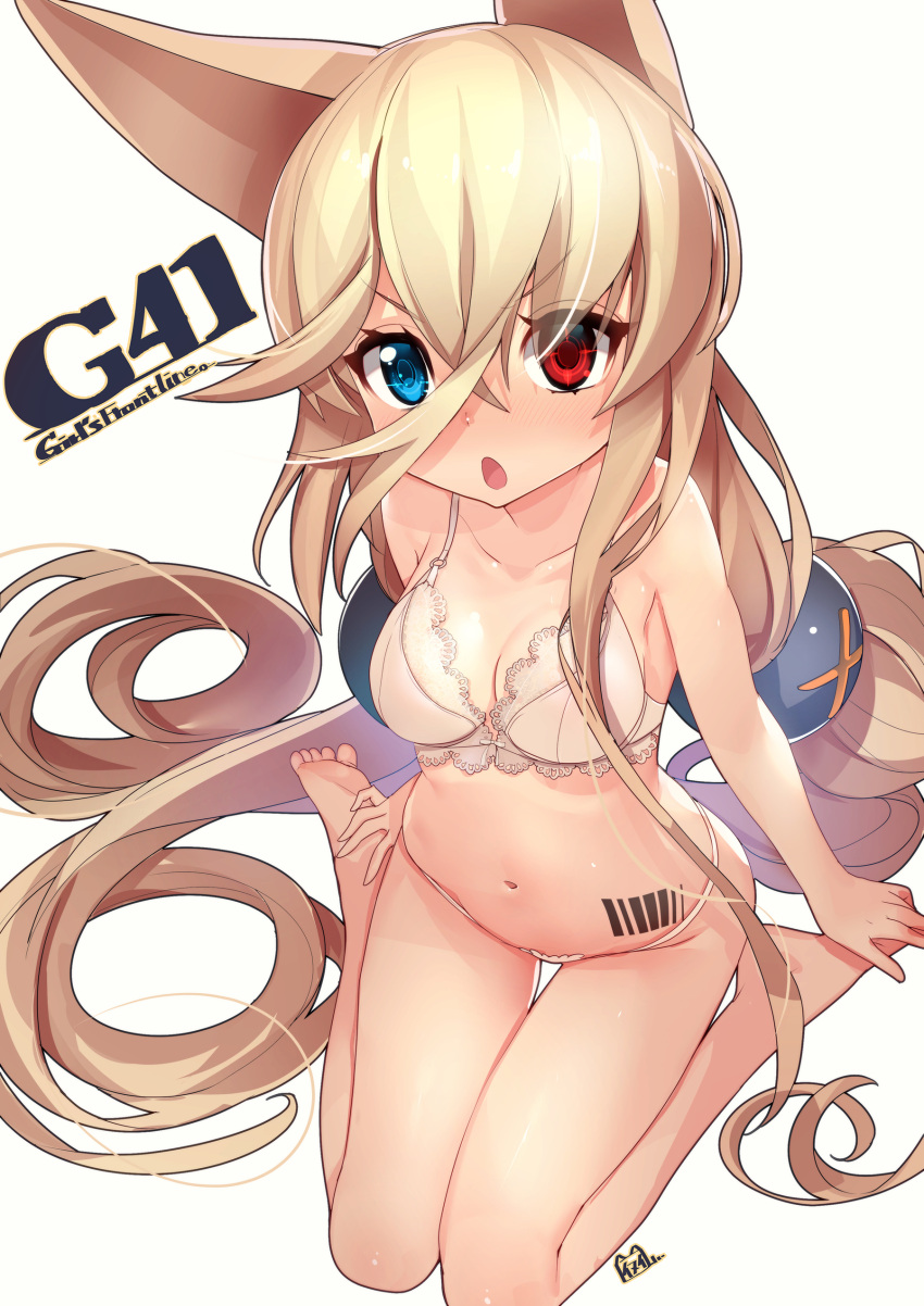 1girl absurdres animal_ears bangs barcode_tattoo barefoot blonde_hair blue_eyes blush bra breasts character_name collarbone commentary_request copyright_name eyebrows_visible_through_hair g41_(girls_frontline) girls_frontline h&amp;k_g41 hair_between_eyes heterochromia highres long_hair looking_at_viewer low_twintails medium_breasts navel open_mouth panties red_eyes sitting solo tattoo twintails underwear very_long_hair wariza white_panties yamacchi
