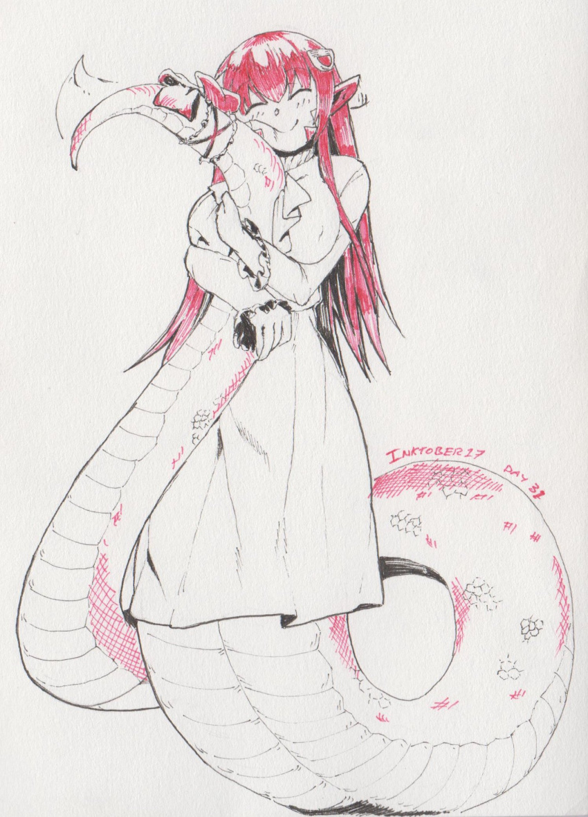 1girl blush breasts closed_eyes closed_mouth commentary dated dress ear_wiggle facing_viewer highres holding_tail hug kaafi lamia large_breasts long_hair long_sleeves miia_(monster_musume) monochrome monster_girl monster_musume_no_iru_nichijou pointy_ears red scales scan smile snake_tail solo tail tail_hug tail_wagging traditional_media