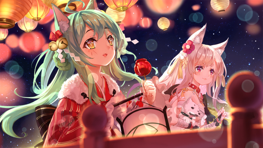 2girls :3 :d ahoge akashi_(azur_lane) animal animal_ears azur_lane bandage bandaged_arm bangs bell black_bow blurry blurry_foreground bow braid breasts bridal_gauntlets brown_eyes budget_sarashi camellia candy_apple cat_ears cleavage closed_mouth commentary_request depth_of_field dog eyebrows_visible_through_hair fingernails flower food green_hair hair_bell hair_bow hair_flower hair_ornament holding holding_food japanese_clothes jingle_bell kimono lantern large_breasts light_brown_hair long_hair long_sleeves looking_away looking_up multiple_girls nail_polish night open_mouth outdoors paper_lantern purple_nails red_bow red_flower red_kimono sarashi shan-n shide sky sleeves_past_fingers sleeves_past_wrists smile star_(sky) starry_sky striped thick_eyebrows vertical-striped_kimono vertical_stripes very_long_hair violet_eyes white_flower wide_sleeves wolf_ears yuudachi_(azur_lane)