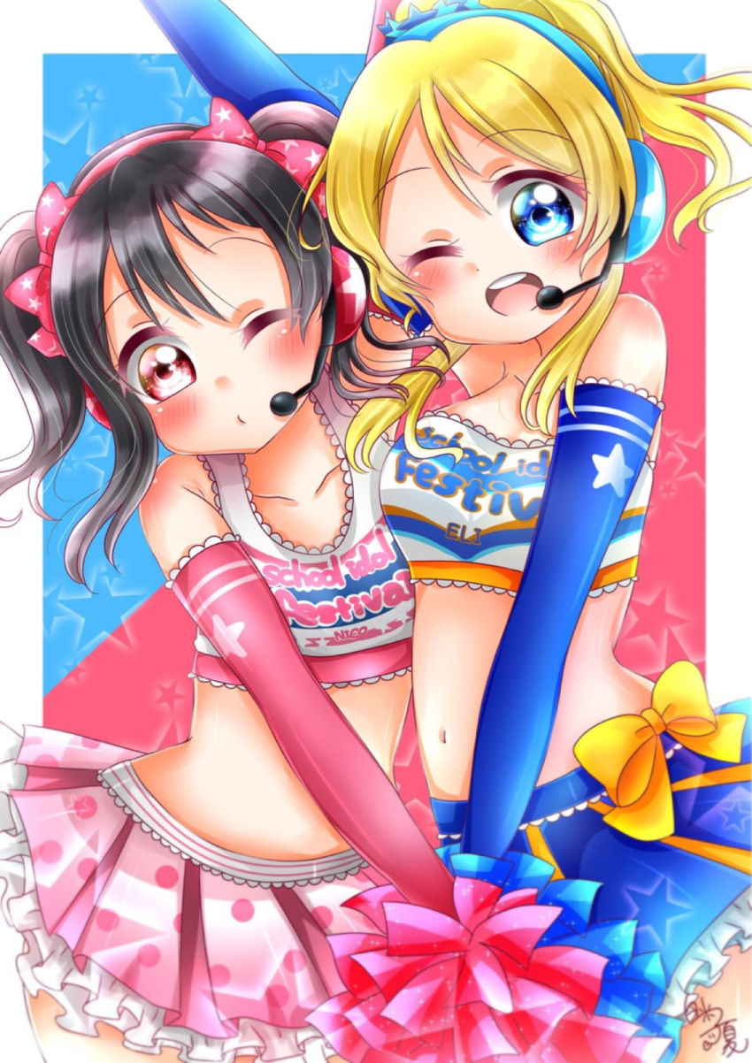 2girls ;d arm_up artist_name ayase_eli bangs black_hair blonde_hair blue_gloves blue_skirt blush bow cheerleader clothes_writing commentary_request copyright_name crop_top elbow_gloves gloves hair_bow hair_ornament hakumai_konatsu headset highres looking_at_viewer love_live! love_live!_school_idol_festival love_live!_school_idol_project midriff miniskirt multiple_girls navel one_eye_closed open_mouth pink_bow pink_gloves pink_skirt polka_dot_skirt pom_poms ponytail sidelocks signature skirt smile star star_hair_ornament star_print twintails yazawa_nico yellow_bow