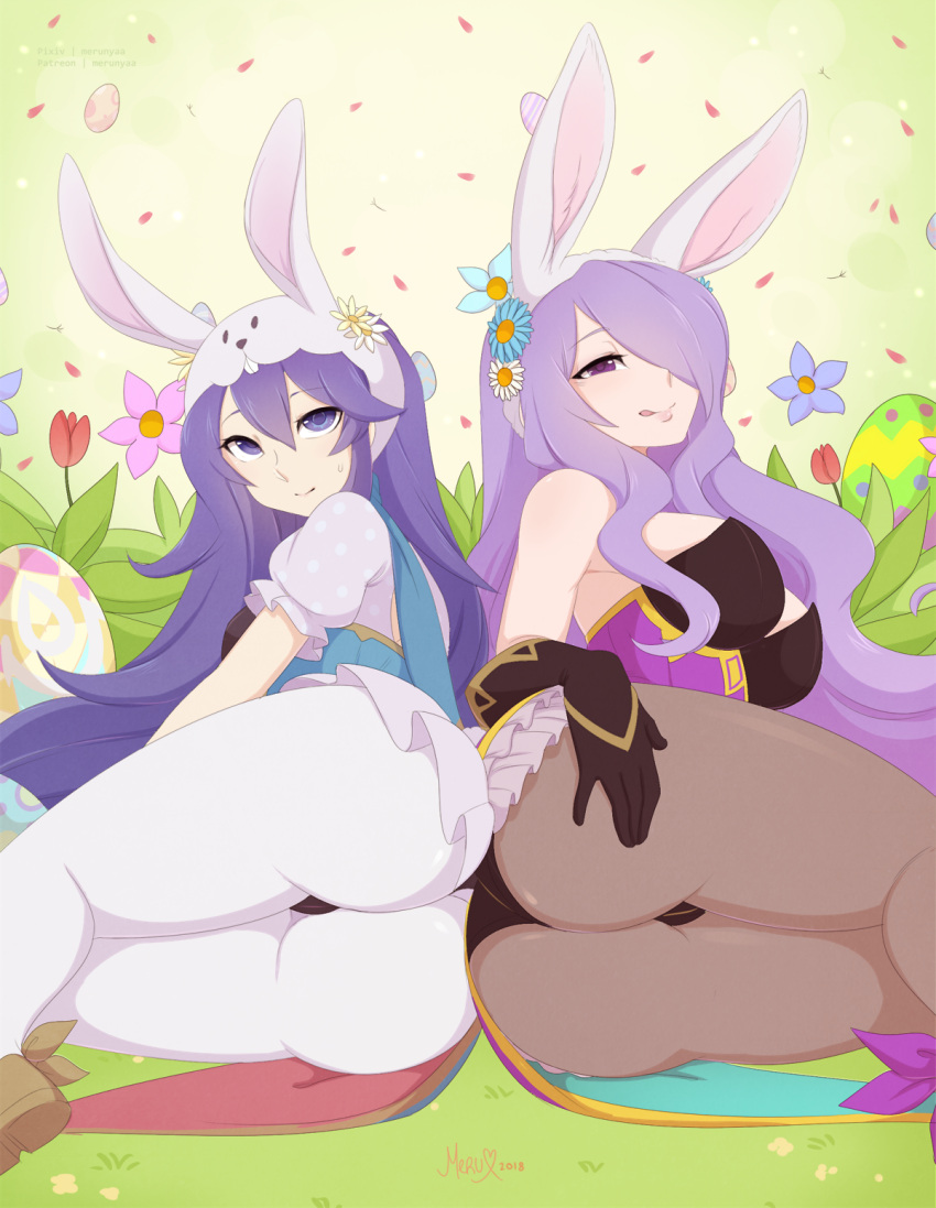 2girls alternate_costume animal_ears animal_hood ass ass-to-ass blue_eyes blue_hair bunny_hood bunnysuit camilla_(fire_emblem_if) easter_egg egg fake_animal_ears fire_emblem fire_emblem:_kakusei fire_emblem_heroes fire_emblem_if flower hair_flower hair_ornament highres hood long_hair looking_at_viewer lucina lying merunyaa multiple_girls on_side pantyhose plant purple_hair rabbit_ears very_long_hair violet_eyes