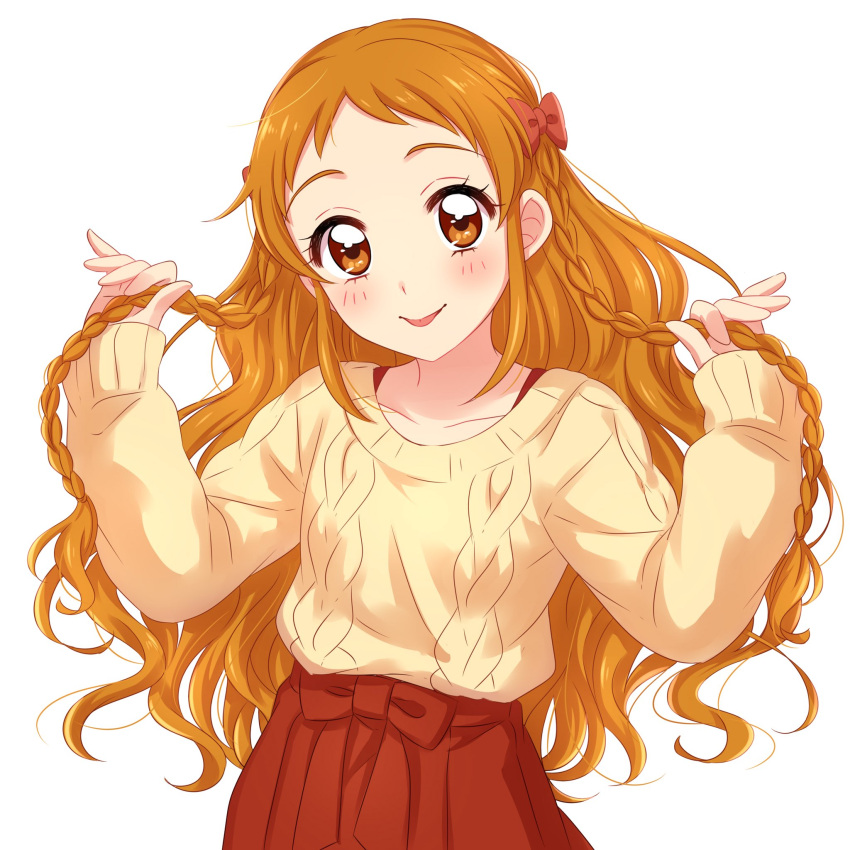 1girl :p aikatsu!_(series) big_hair blush bow braid character_request commentary_request hair_bow hands_up head_tilt high-waist_skirt highres long_sleeves orange_eyes red_bow red_skirt sekina simple_background skirt smile solo sweater tongue tongue_out white_background