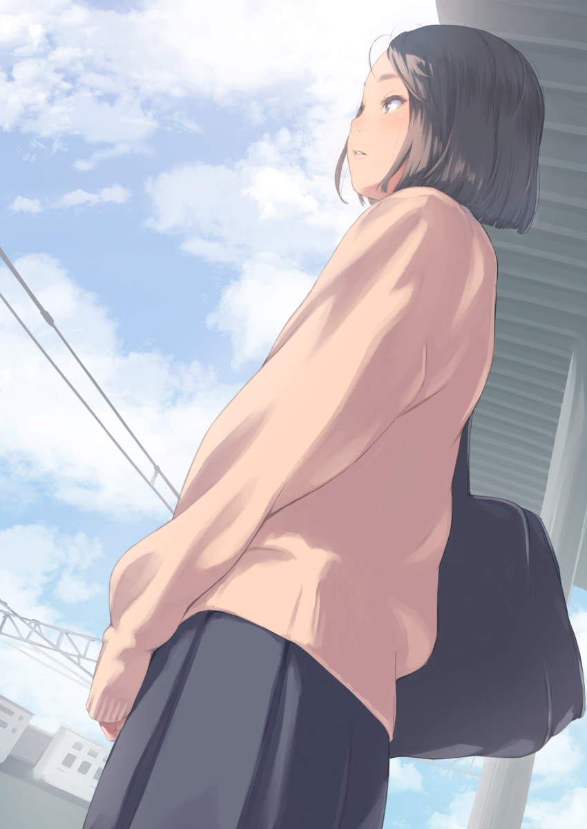 1girl absurdres bag blue_skirt blue_sky blush comic_koh commentary_request day from_below from_side grey_hair highres kamo_(gafas) original outdoors parted_lips short_hair shoulder_bag skirt sky solo standing sweater telephone_pole train_station