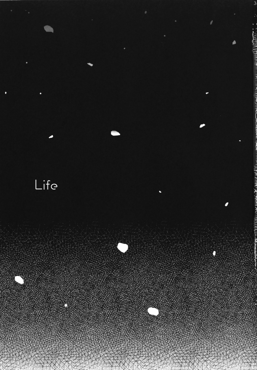black_background comic greyscale highres mizumoto_tadashi monochrome no_humans snow snowing text text_only_page touhou