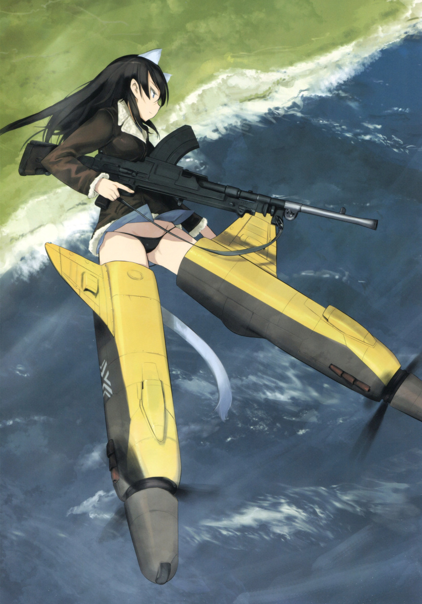 1girl absurdres adolfine_galland animal_ears black_hair black_panties blue_eyes bomber_jacket cat_ears cat_tail character_name flying gun highres holding jacket long_hair long_sleeves machine_gun military military_uniform official_art panties shimada_fumikane solo striker_unit tail underwear uniform water weapon world_witches_series