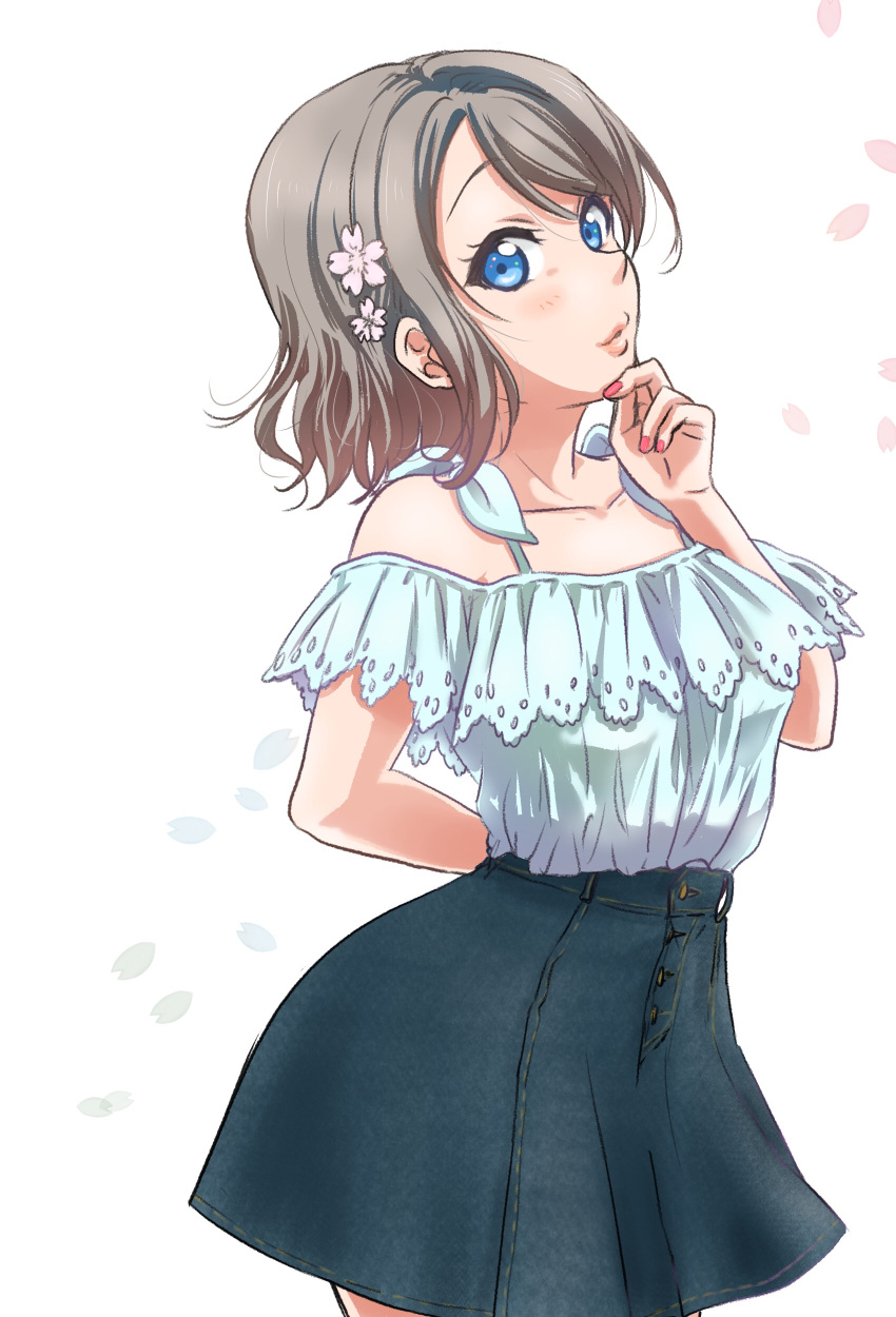 1girl absurdres arm_behind_back blouse blue_blouse blue_eyes flower grey_hair hair_flower hair_ornament hand_on_own_chin highres lace_trim light_blush lips looking_at_viewer love_live! love_live!_sunshine!! nail_polish petals pink_nails rippe shirt_tucked_in short_hair simple_background skirt solo watanabe_you white_background
