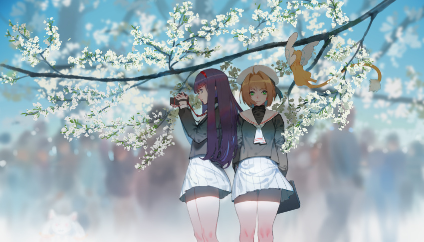 2girls ahoge arms_behind_back bangs beret blonde_hair blue_eyes blue_hair blurry blurry_background briefcase camera card_captor_sakura cherry_blossoms commentary_request creature daidouji_tomoyo day flying green_eyes hair_intakes hairband hat highres holding holding_camera hoshimawa kero kinomoto_sakura kyubey long_hair long_sleeves looking_at_viewer looking_to_the_side mahou_shoujo_madoka_magica multiple_girls outdoors pleated_skirt profile school_uniform serafuku skirt standing taking_picture tomoeda_elementary_school_uniform tree_branch when_you_see_it white_hat white_skirt wings