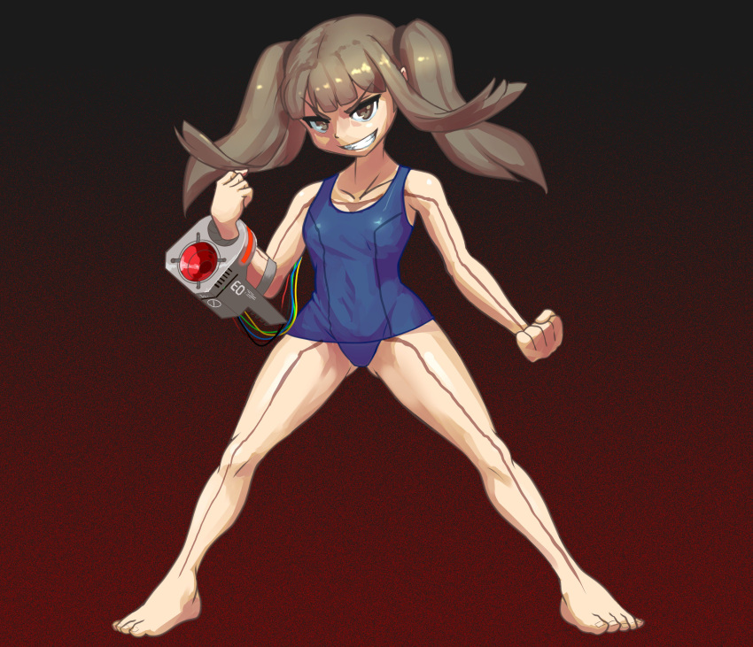 1girl absurdres armpits bangs barefoot blue_swimsuit blush borrowed_character brown_eyes brown_hair clenched_hand commentary cyborg eyelashes grin hairband highres long_hair meme old_school_swimsuit original parody scar school_swimsuit sidelocks smile solo swimsuit triple-q twintails weapon wire