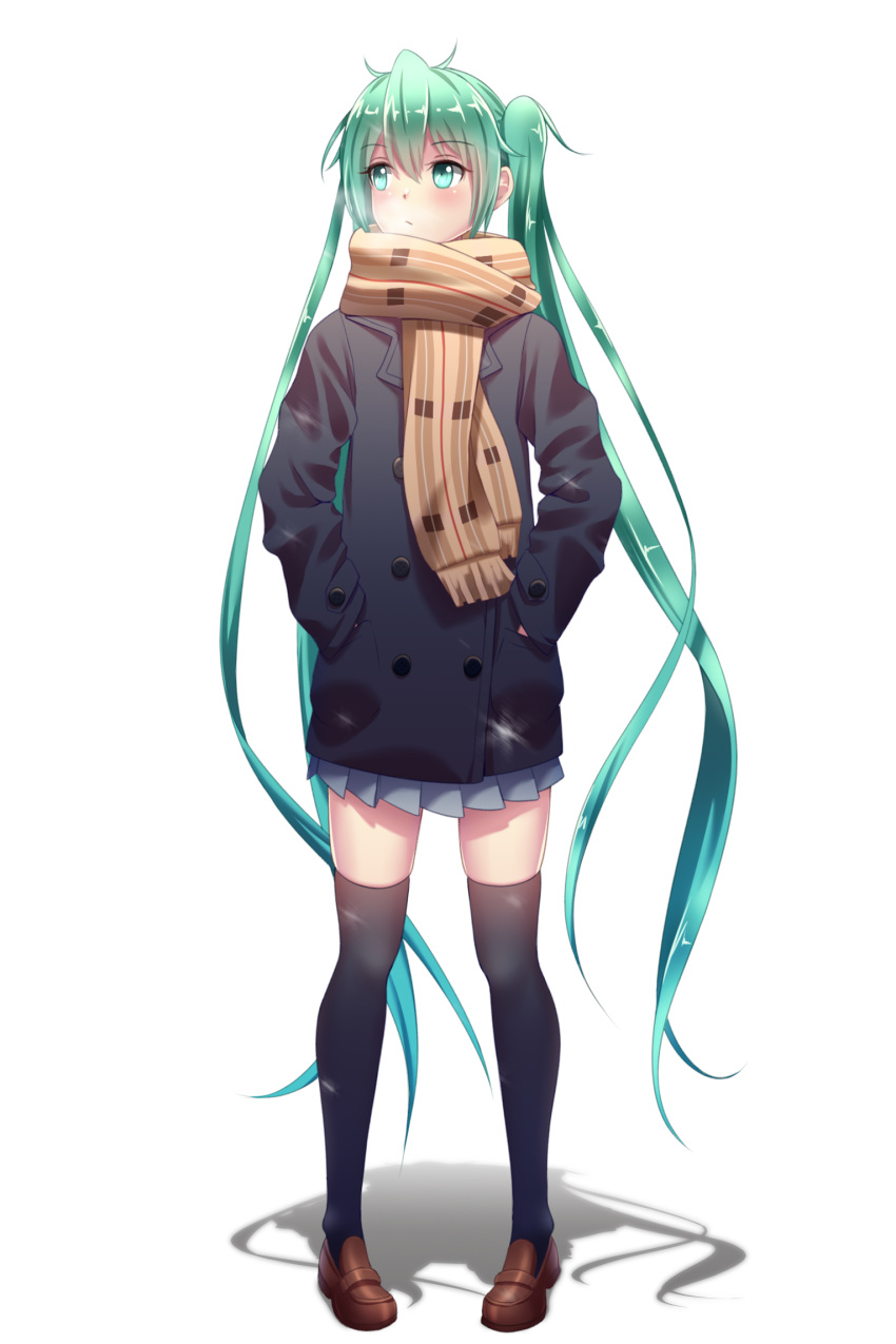 1girl bangs black_legwear blue_skirt coat commentary_request eyebrows_visible_through_hair full_body geduan green_eyes green_hair hands_in_pockets hatsune_miku highres loafers long_hair looking_away pigeon-toed pleated_skirt revision scarf shadow shoes simple_background skirt solo standing thigh-highs twintails very_long_hair vocaloid white_background