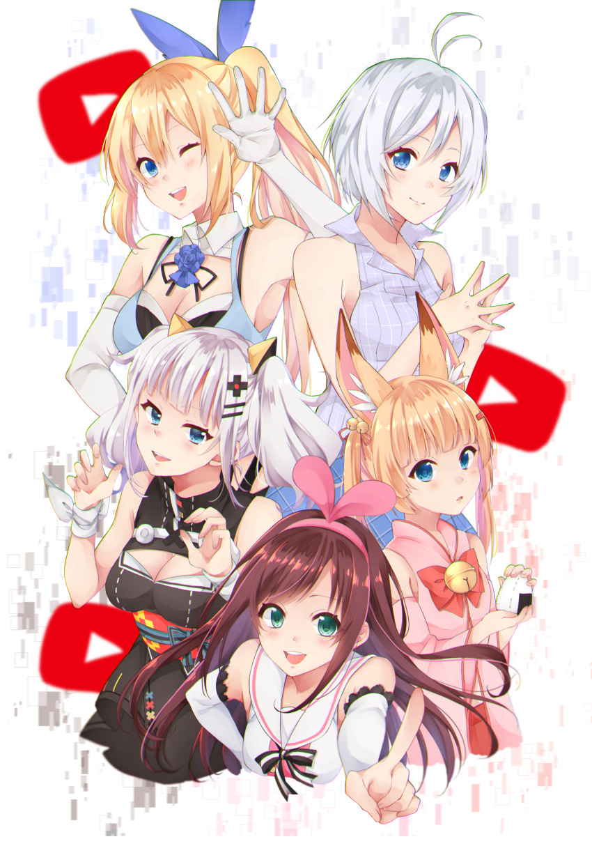 5girls :d ;d a.i._channel absurdres antenna_hair bangs bare_shoulders bell black_dress blonde_hair blue_eyes blue_flower blue_ribbon blue_rose blue_shirt blush breasts brown_hair chun_(ya_i_memories) cleavage cleavage_cutout closed_mouth collared_shirt commentary_request crossover dennou_shoujo_youtuber_shiro detached_sleeves dress elbow_gloves eyebrows_visible_through_hair fingernails flower food gloves green_eyes hair_bell hair_between_eyes hair_ornament hair_ribbon hairband hairclip highres holding holding_food index_finger_raised jingle_bell kaguya_luna kaguya_luna_(character) kemomimi_vr_channel kizuna_ai light_brown_hair long_hair long_sleeves looking_at_viewer medium_breasts mikoko_(kemomimi_vr_channel) mirai_akari mirai_akari_project multicolored_hair multiple_crossover multiple_girls obi one_eye_closed onigiri open_mouth parted_lips pink_hair pink_hairband pink_ribbon ponytail purple_shirt ribbon rose sailor_collar sash shiro_(dennou_shoujo_youtuber_shiro) shirt short_hair silver_hair sleeveless sleeveless_dress sleeveless_shirt smile steepled_fingers streaked_hair upper_teeth very_long_hair virtual_youtuber white_gloves white_sailor_collar white_shirt wide_sleeves