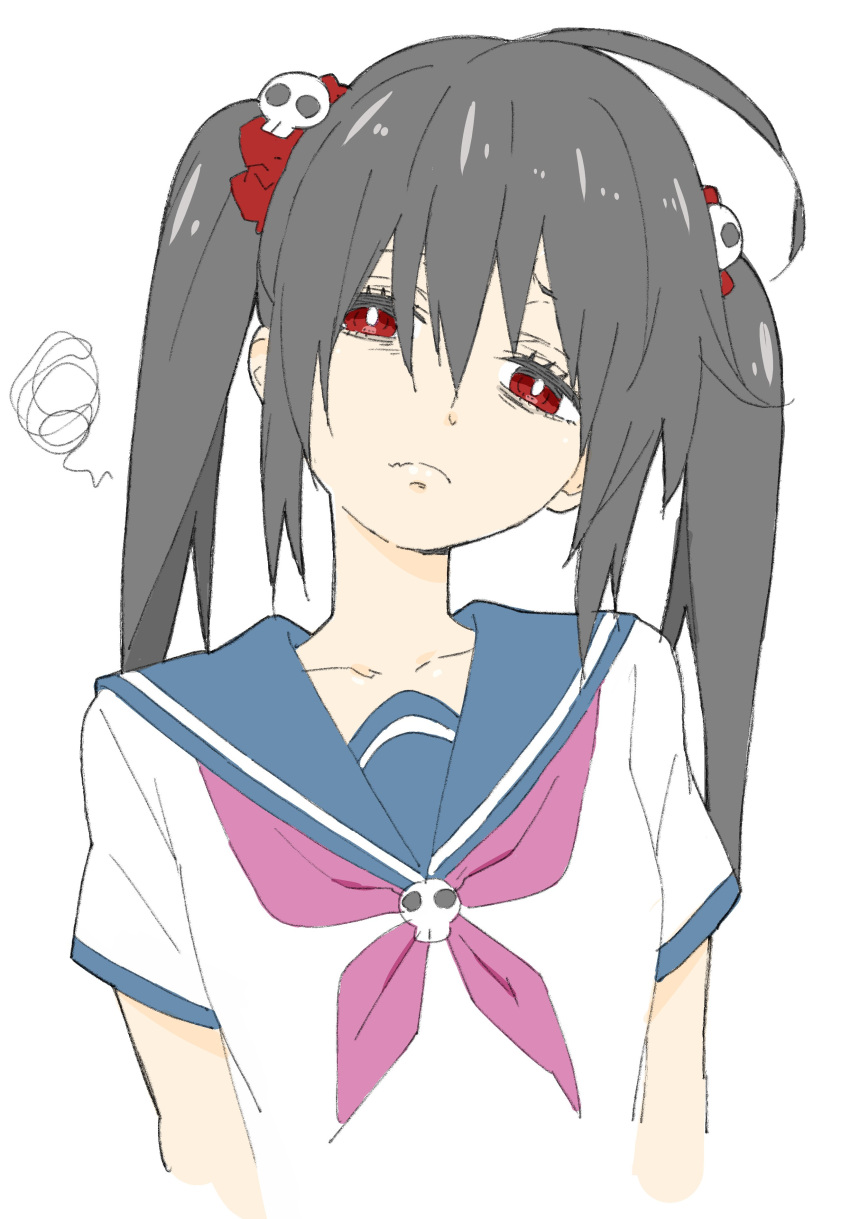 1girl absurdres ahoge black_hair blue_sailor_collar bright_pupils closed_mouth donguri_suzume hair_ornament head_tilt highres long_hair looking_at_viewer neckerchief original red_eyes red_neckwear sailor_collar school_uniform serafuku short_sleeves simple_background skull_hair_ornament solo squiggle upper_body white_background