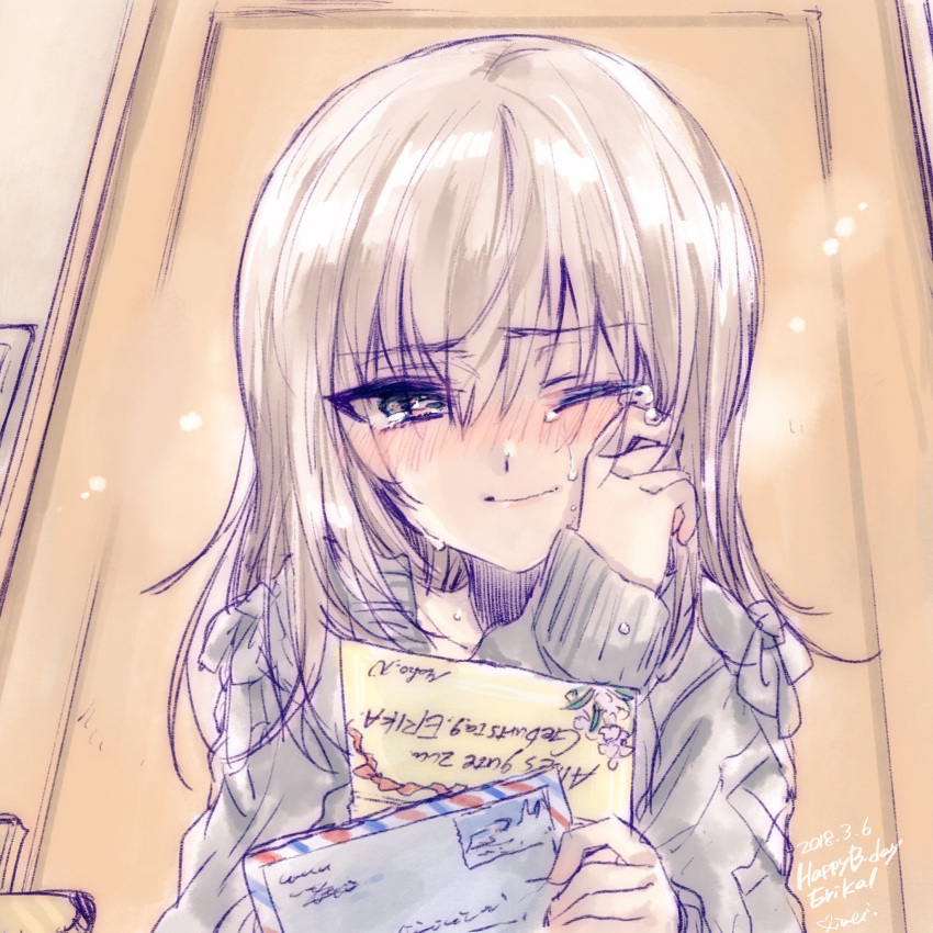 1girl airmail_envelope artist_name bangs black_shirt blue_eyes blush character_name closed_mouth commentary_request crying dated english envelope eyebrows_visible_through_hair german girls_und_panzer happy happy_birthday highres holding_envelope itsumi_erika kuroi_mimei long_hair long_sleeves looking_at_viewer one_eye_closed paper portrait shirt signature silver_hair sketch smile solo tears wiping_tears
