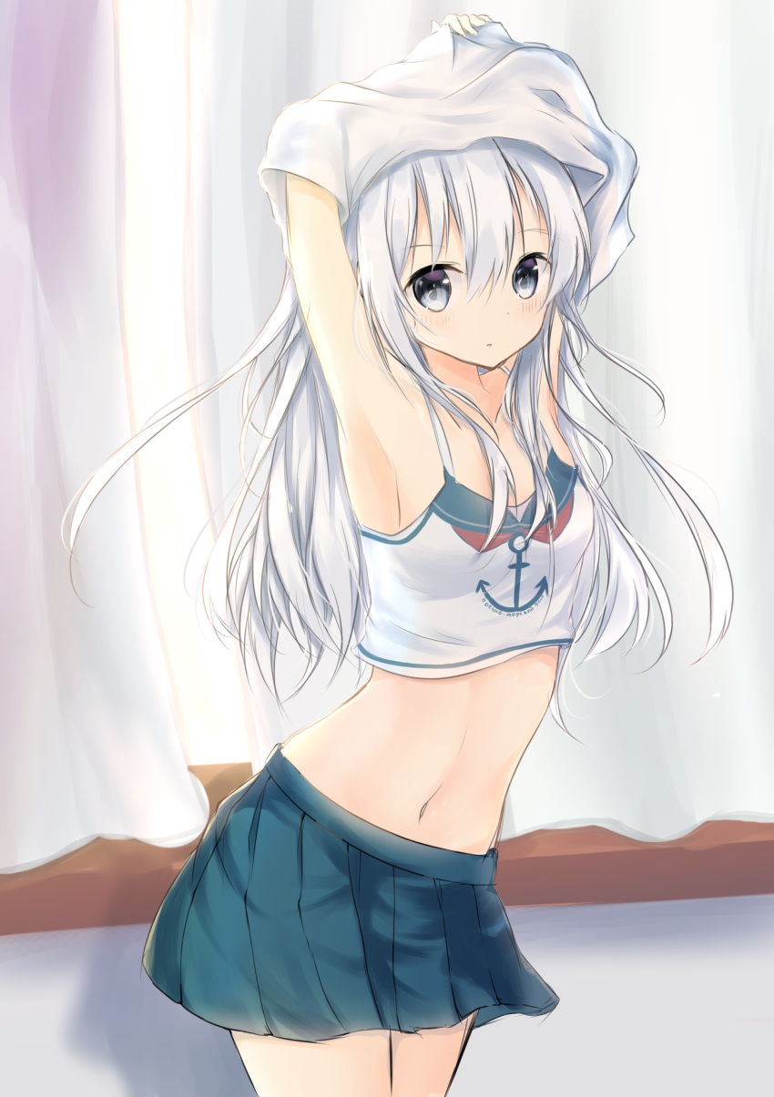 1girl :o absurdres anchor_symbol armpits arms_up bangs blue_eyes blush breasts clothes_writing commentary_request contrapposto cowboy_shot crop_top curtains eyebrows_visible_through_hair hair_between_eyes hibiki_(kantai_collection) highres indoors kantai_collection long_hair looking_at_viewer midriff navel pleated_skirt russian shirt silver_hair sketch skirt sleeveless small_breasts solo standing undressing uzuki_tsukuyo window