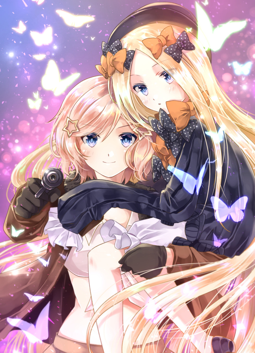 2girls abigail_williams_(fate/grand_order) america_(hetalia) axis_powers_hetalia bangs black_bow black_dress black_gloves black_hat blonde_hair bloomers blue_eyes blush bow brown_jacket brown_skirt butterfly commentary_request crop_top crossover dress fate/grand_order fate_(series) genderswap genderswap_(mtf) gloves gun hair_bow hair_ornament hat highres holding holding_gun holding_weapon insect iroha_(shiki) jacket light_brown_hair long_hair long_sleeves looking_at_viewer midriff multiple_girls open_clothes open_jacket orange_bow parted_bangs parted_lips polka_dot polka_dot_bow skirt sleeves_past_fingers sleeves_past_wrists star star_hair_ornament underwear very_long_hair weapon white_bloomers