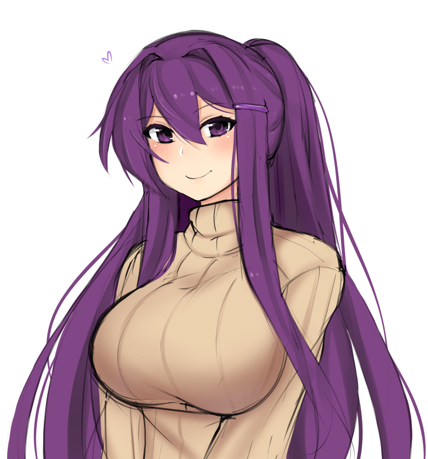 1girl blush breasts brown_sweater closed_mouth doki_doki_literature_club eyebrows_visible_through_hair hair_intakes hair_ornament hairclip heart highres huge_breasts long_sleeves looking_at_viewer otxoa60 ponytail purple_hair ribbed_sweater simple_background sketch smile solo sweater upper_body violet_eyes white_background yuri_(doki_doki_literature_club)