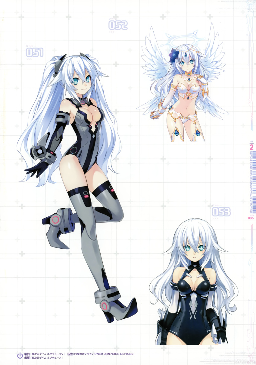 1girl :| absurdres alternate_costume angel_wings aqua_eyes bangs bare_shoulders black_heart bodysuit boots bracer breasts breasts_apart choujigen_game_neptune cleavage cleavage_cutout closed_mouth collar elbow_gloves eyebrows_visible_through_hair flower four_goddesses_online:_cyber_dimension_neptune from_side full_body gloves grey_legwear hair_between_eyes hair_flower hair_ornament halo halterneck hand_up high_heel_boots high_heels highres jewelry kami_jigen_game_neptune_v leotard long_hair looking_at_viewer medium_breasts midriff navel neptune_(series) official_art power_symbol scan serious sidelocks simple_background smile solo standing standing_on_one_leg symbol-shaped_pupils thigh-highs thigh_boots tsunako turtleneck v-shaped_eyebrows very_long_hair wavy_hair white_hair wings