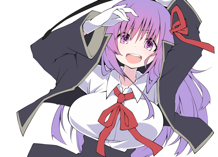 1girl absurdres bb_(fate/extra_ccc) breasts fate/extra fate/extra_ccc fate/grand_order fate_(series) gloves hair_ribbon high-waist_skirt highres large_breasts long_hair looking_at_viewer open_mouth purple_hair red_ribbon ribbon sakakiba_misogi skirt solo very_long_hair violet_eyes white_gloves