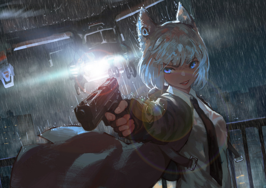 1girl absurdres aiming aircraft animal_ears backlighting black_neckwear blue_eyes city cityscape coat collared_shirt diffraction_spikes dutch_angle earpiece fingerless_gloves floating gloves gun hand_up highres holding holding_gun holding_weapon jun_(5455454541) lens_flare light looking_at_viewer marker_(medium) necktie night open_clothes open_coat original outdoors outstretched_arm parted_lips rain shirt short_hair solo standing traditional_media upper_body v-shaped_eyebrows weapon wet wet_clothes wet_shirt white_hair white_shirt wind wind_lift wing_collar