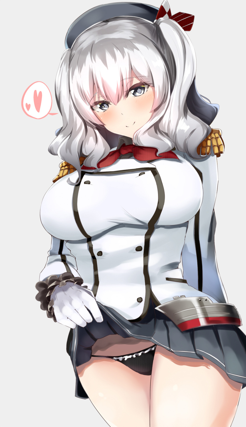 1girl beret black_miniskirt black_panties blue_eyes breasts buttons epaulettes frilled_sleeves frills gloves grey_eyes hat heart highres jacket kantai_collection kashima_(kantai_collection) kerchief large_breasts long_sleeves military military_jacket military_uniform miniskirt ninoude_(ninoude44) panties pleated_skirt red_neckwear silver_hair skirt skirt_hold solo twintails underwear uniform wavy_hair white_gloves white_jacket